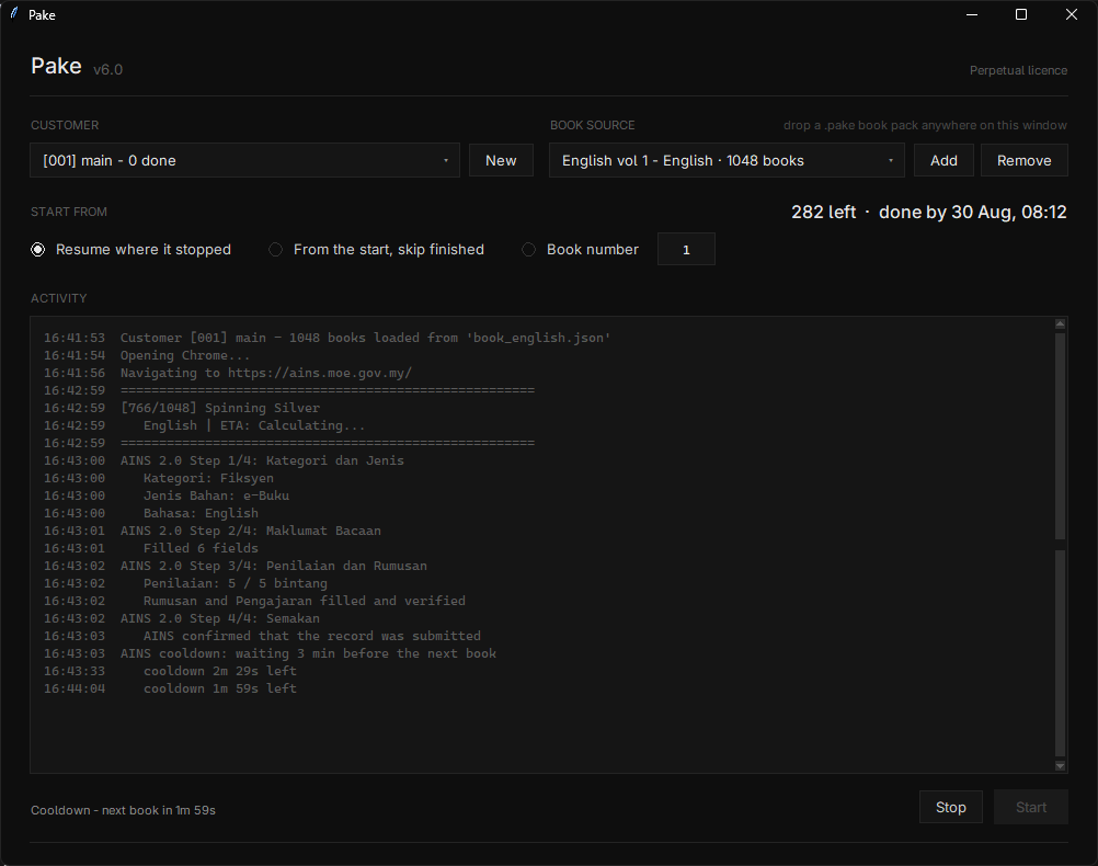 The Pake window: customer, book source, start options and a live activity log.